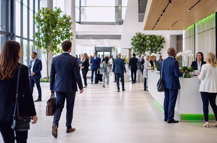 Business professionals discussing event requirements