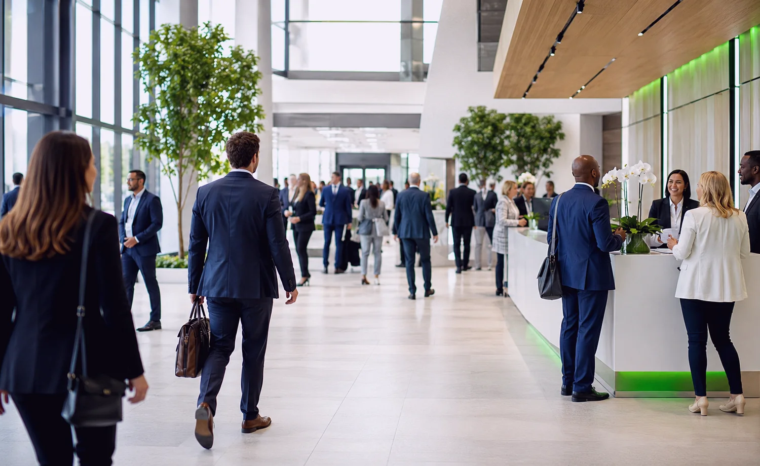 People arriving at a professional conference venue